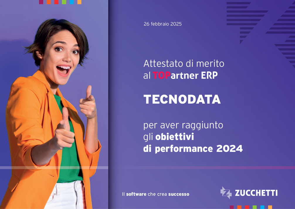 Attestato al merito Tecnodata TOP Partner ERP Zucchetti